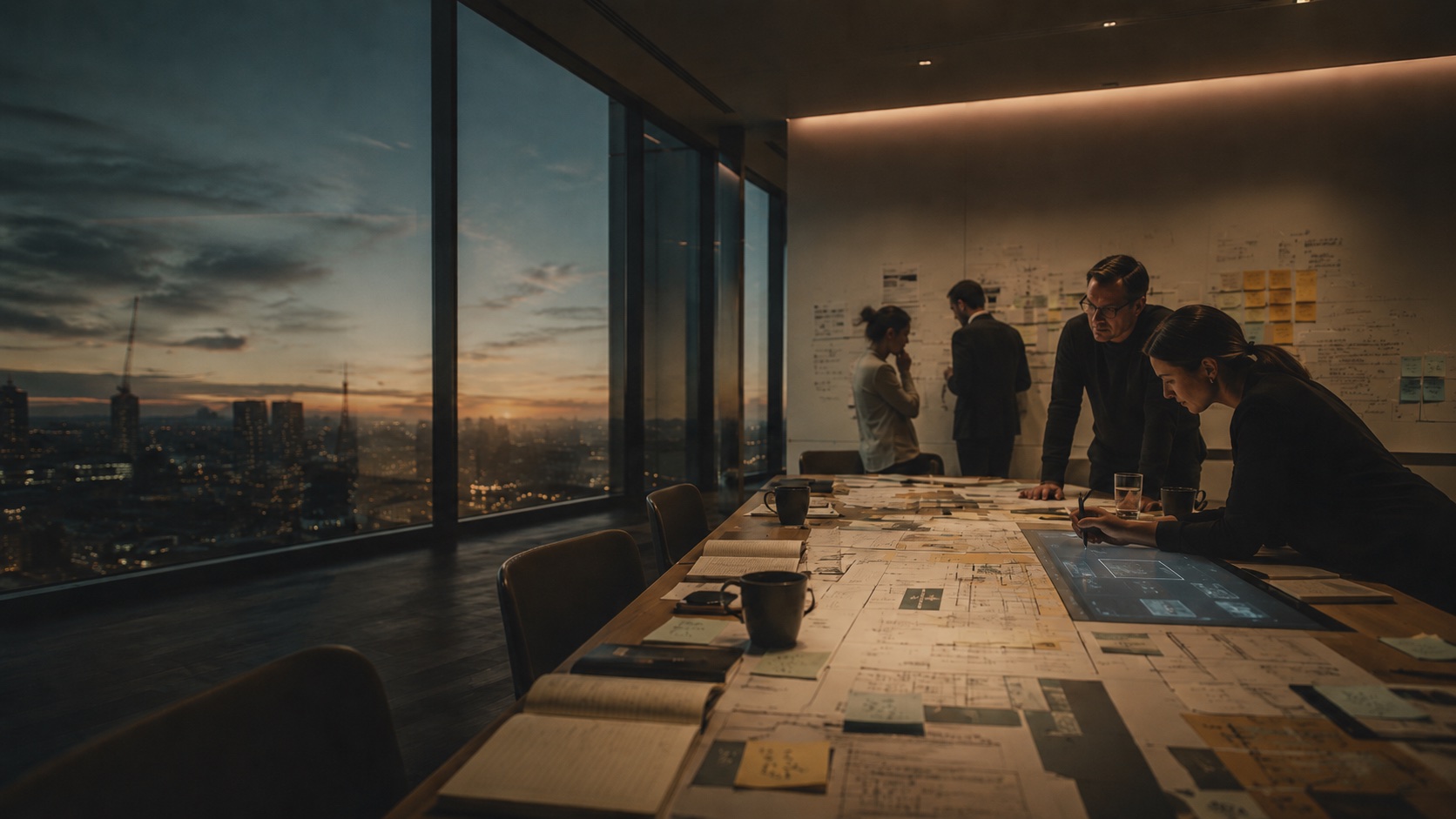 A leadership team working late in a boardroom above the city, their planning wall coming alive